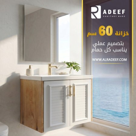 خزانة 60 سم دفتين جوانب خشب ابيض مع  مراي وحوض
