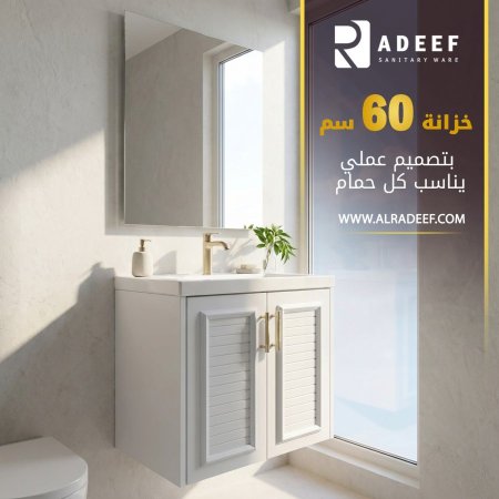 خزانة 60 سم دفتين جوانب ابيض لون ابيض محزز مع مراي وحوض