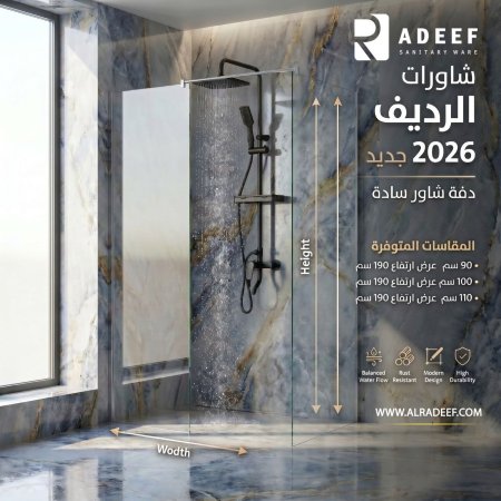 شاور 90*190 مستقيم  ابيض شفاف ارتفاع 190 سم 6 ميلي revilas